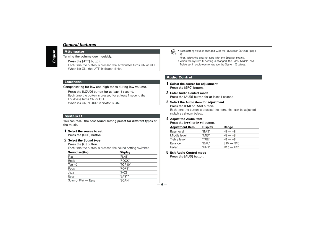 Kenwood KRC-394, KRC-37, KRC-31 instruction manual Attenuator, Loudness, System Q, Audio Control 