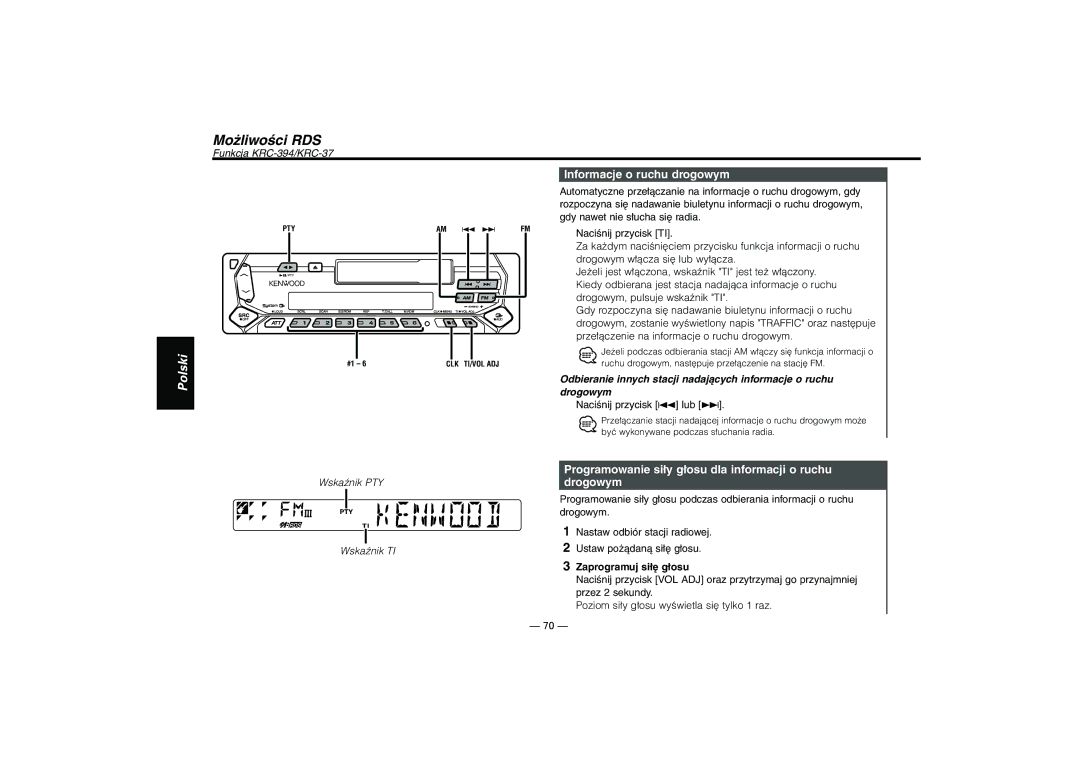 Kenwood KRC-37 Możliwości RDS, Informacje o ruchu drogowym, Programowanie siły głosu dla informacji o ruchu drogowym 