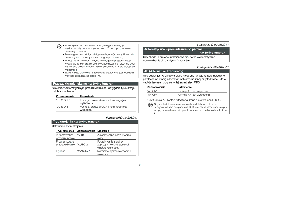 Kenwood KRC-394, KRC-37, KRC-31 instruction manual Przeszukiwanie lokalne w trybie tunera, Tryb strojenia w trybie tunera 