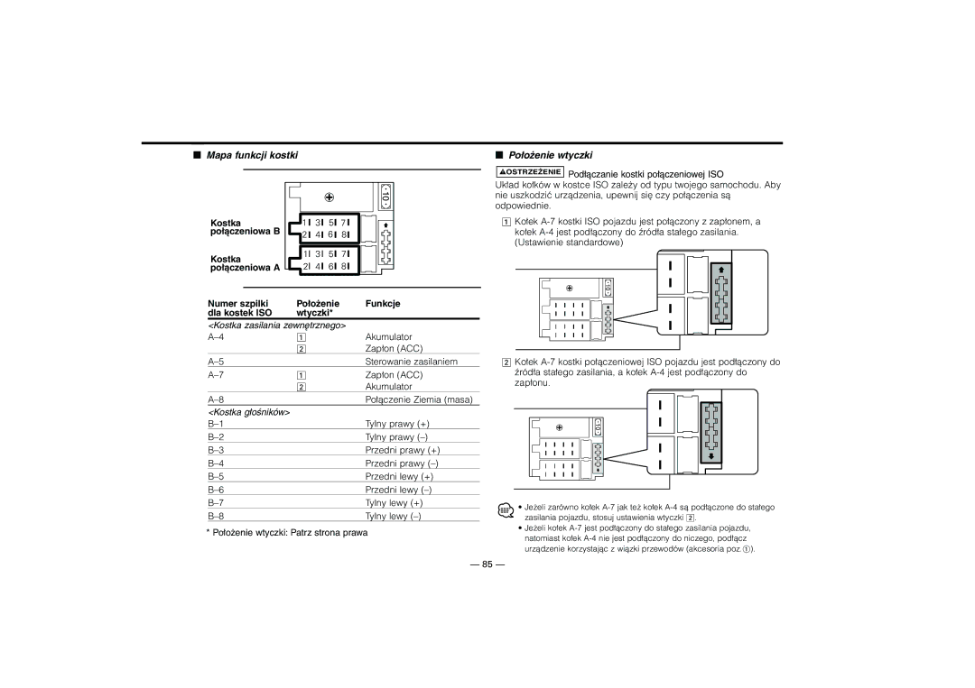 Kenwood KRC-37, KRC-394, KRC-31 Mapa funkcji kostki Położenie wtyczki, Podłączanie kostki połączeniowej ISO 