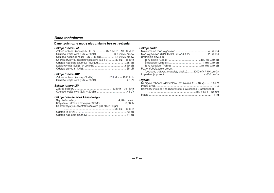 Kenwood KRC-37, KRC-394, KRC-31 instruction manual Dane techniczne 