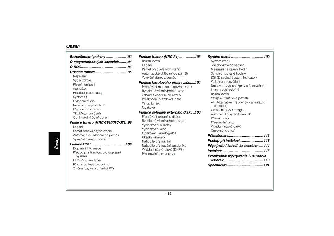 Kenwood KRC-31, KRC-394, KRC-37 instruction manual Obsah 