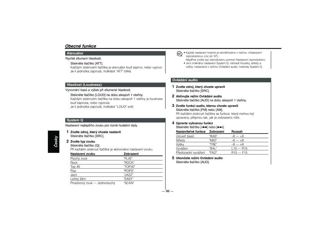 Kenwood KRC-394, KRC-37, KRC-31 instruction manual Atenuátor, Hlasitost Loudness, Ovládání audio, Nastavení zvuku Zobrazení 