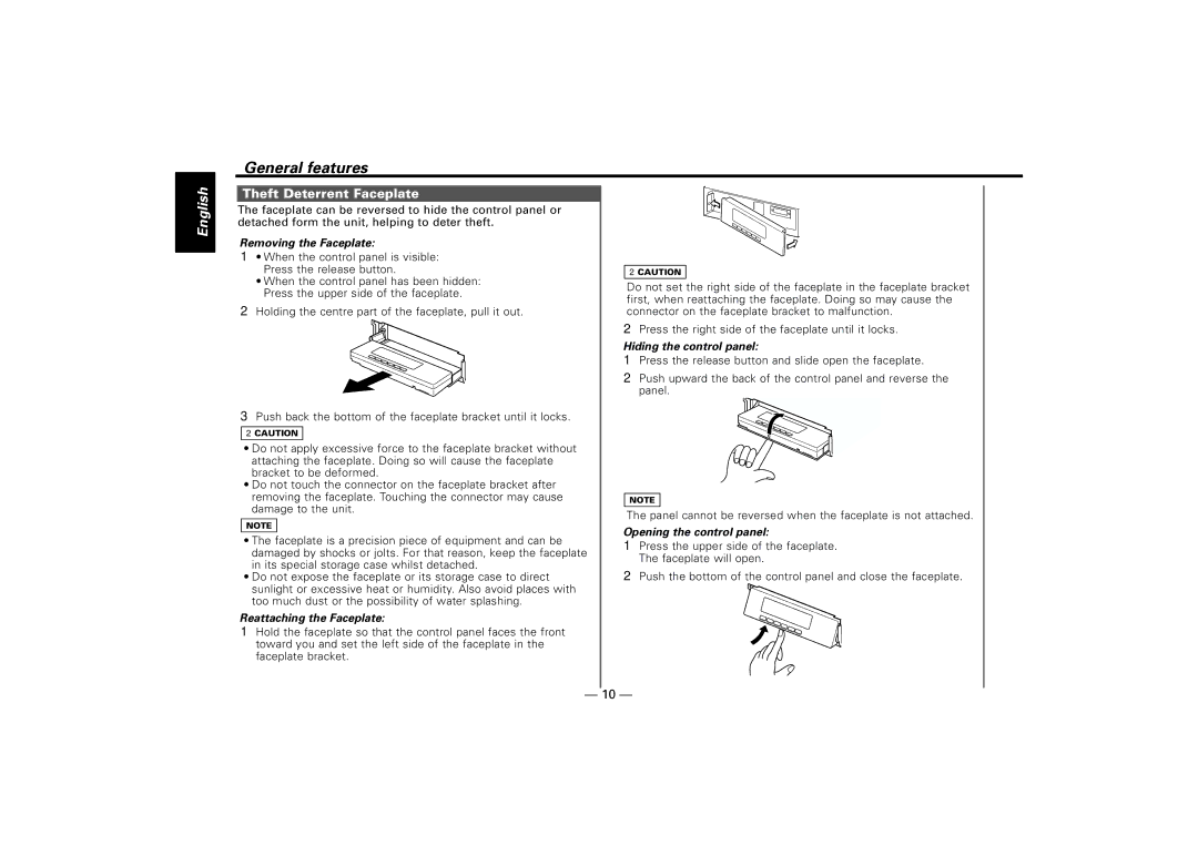 Kenwood KRC-579B Theft Deterrent Faceplate, Removing the Faceplate, Reattaching the Faceplate, Hiding the control panel 