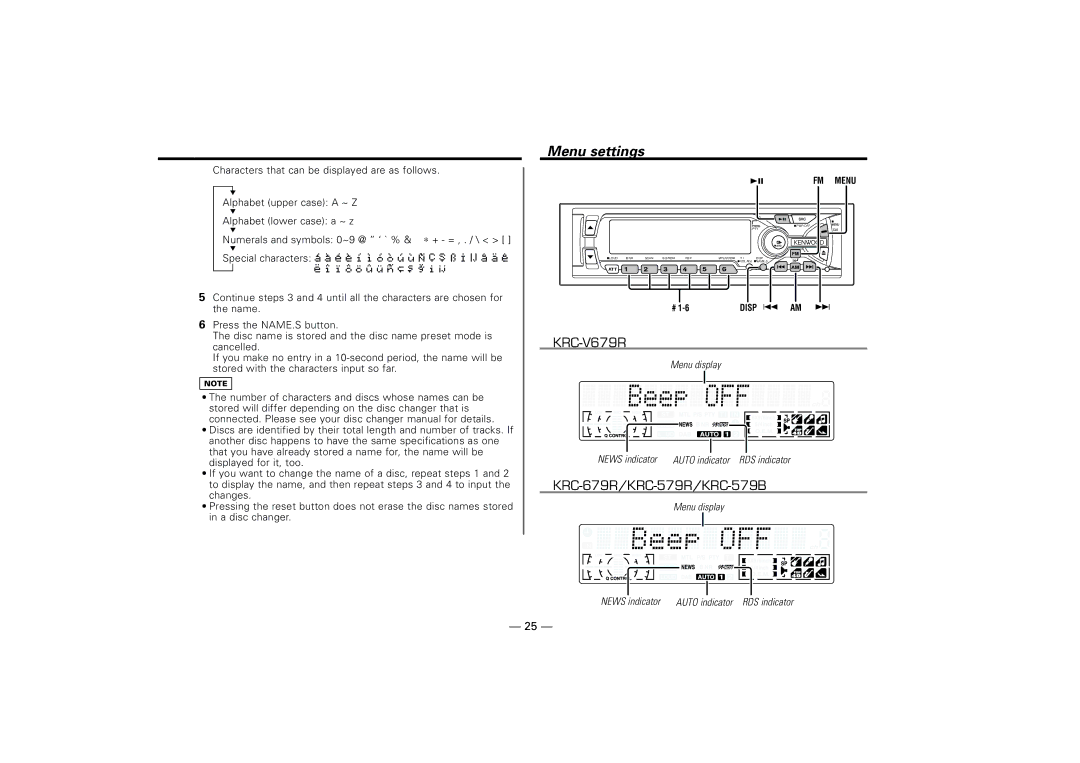 Kenwood KRC-679R, KRC-V679R, KRC-579B, KRC-579R instruction manual Menu settings 