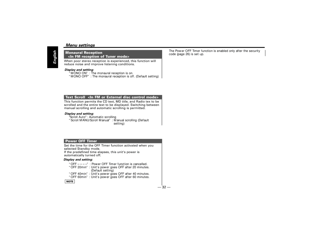 Kenwood KRC-V679R, KRC-679R Monaural Reception FM reception of Tuner mode, Text Scroll In FM or External disc control mode 