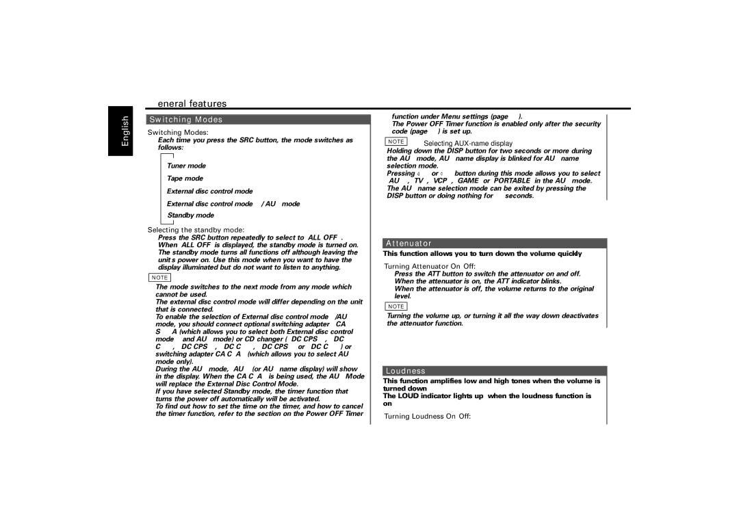 Kenwood KRC-579B, KRC-V679R, KRC-679R, KRC-579R instruction manual Switching Modes, Attenuator, Turning Loudness On/Off 