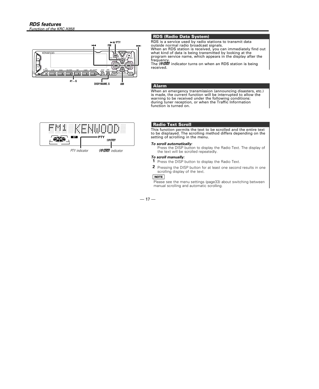 Kenwood KRC-708, KRC-X858 instruction manual RDS features, RDS Radio Data System, Alarm, Radio Text Scroll 