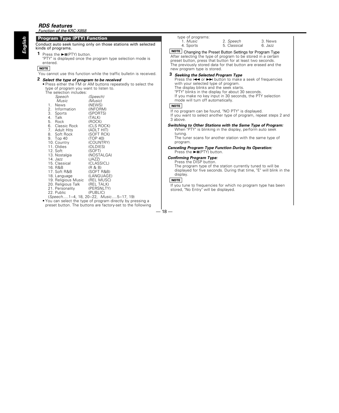 Kenwood KRC-X858, KRC-708 Program Type PTY Function, Switching to Other Stations with the Same Type of Program 