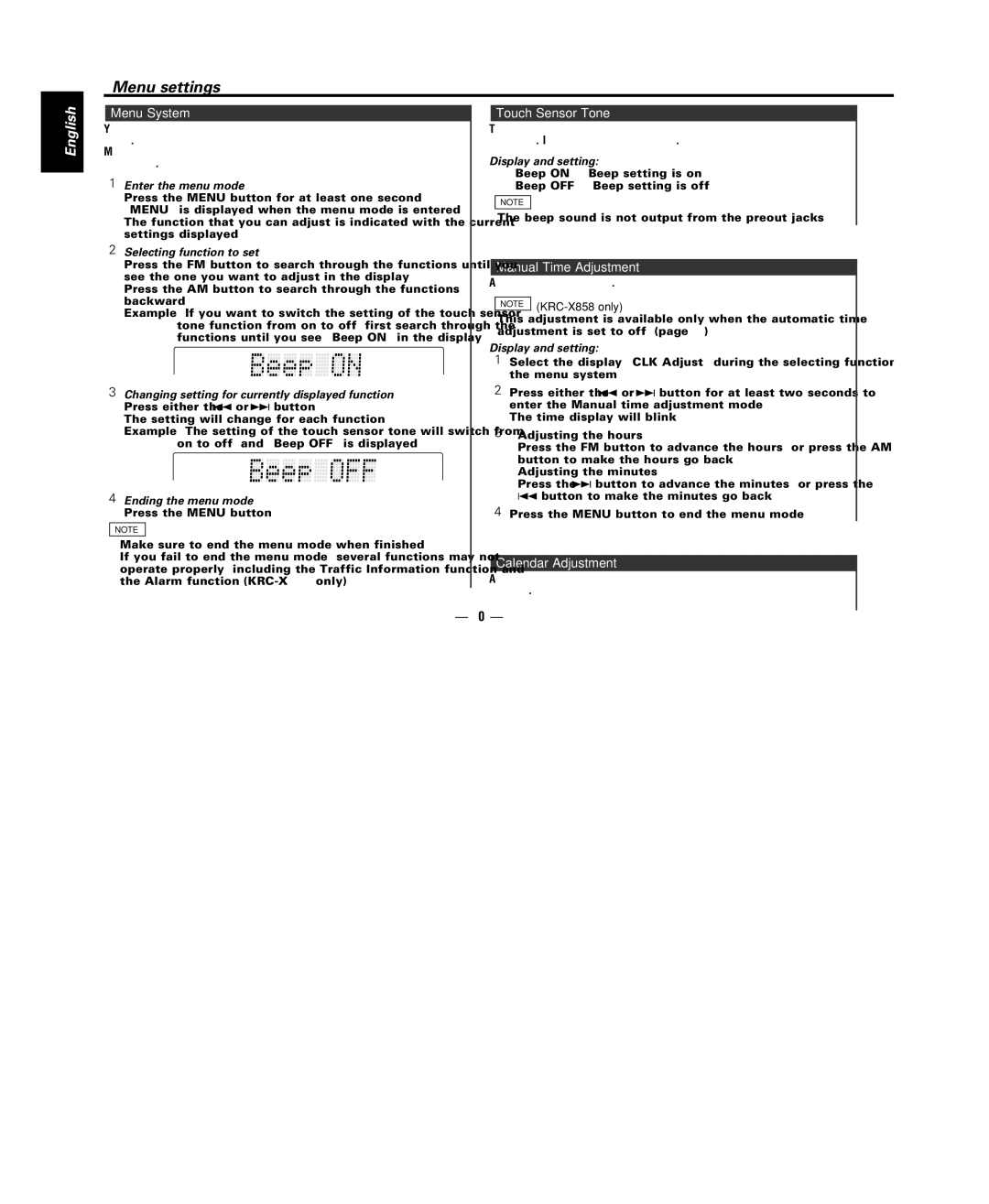 Kenwood KRC-X858, KRC-708 instruction manual Menu System, Touch Sensor Tone, Manual Time Adjustment, Calendar Adjustment 