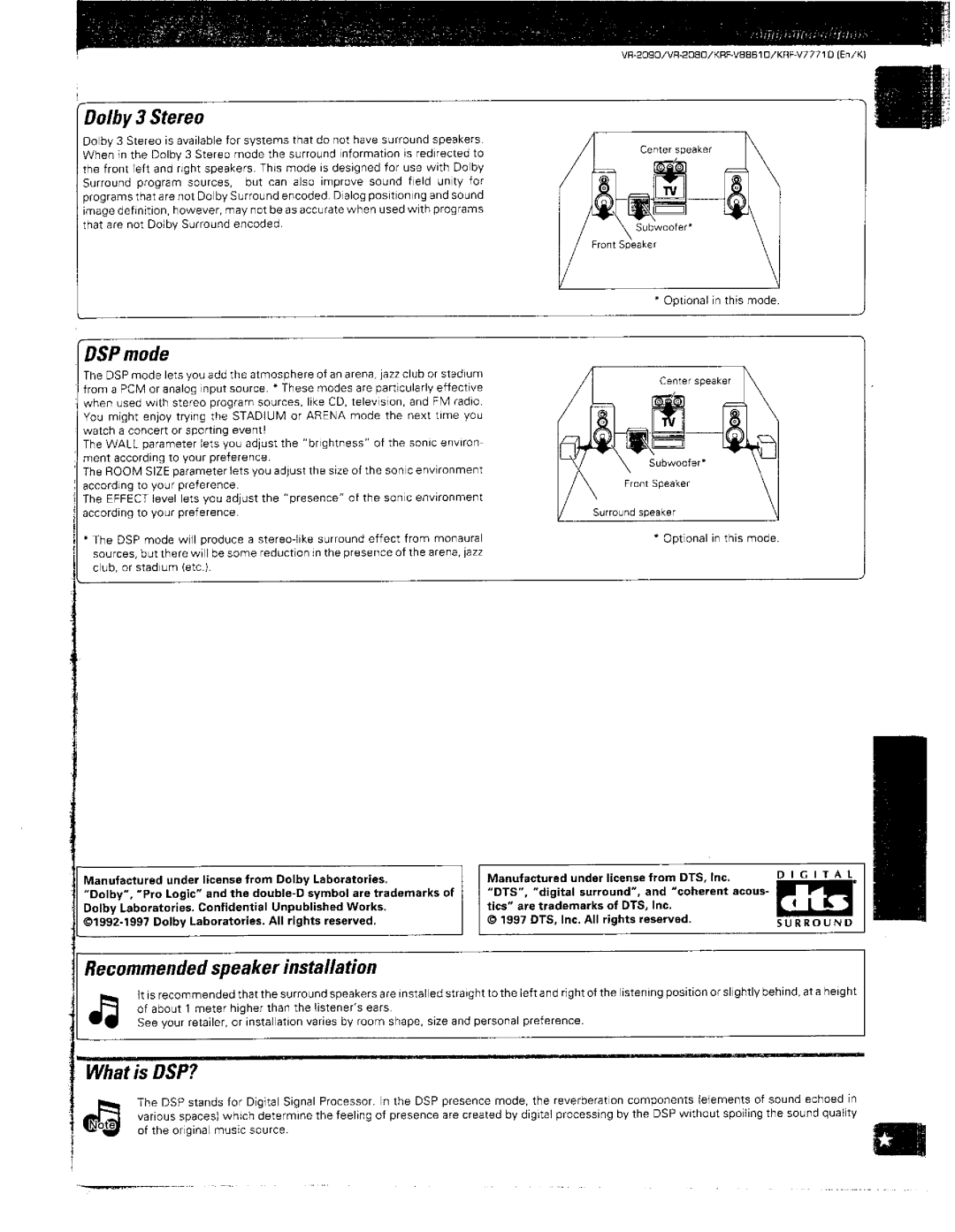 Kenwood KRF-V8881 D, VR-2090, VR-2080 manual 