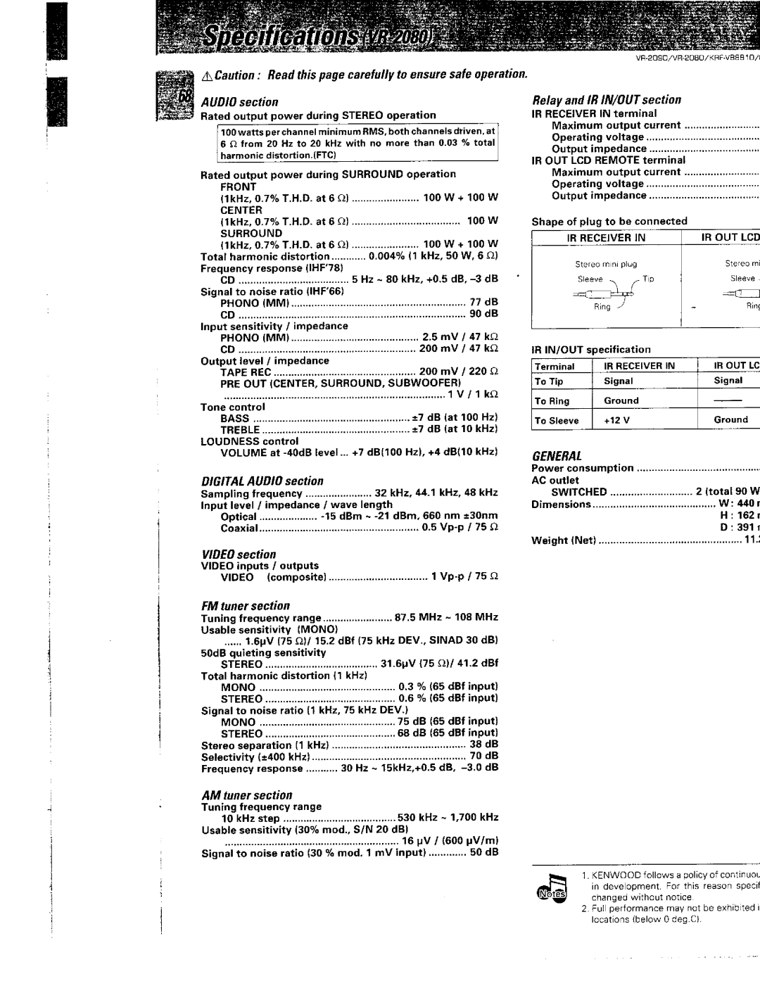 Kenwood KRF-V8881 D, VR-2090, VR-2080 manual 