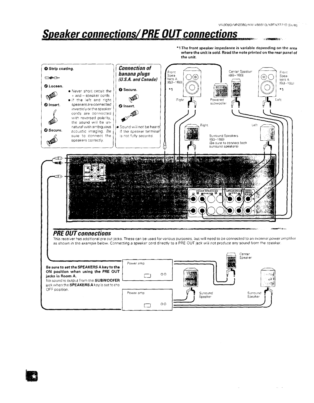 Kenwood KRF-VBB81 D Eakerctionsconnections PREOUTconnectionsOUT, o, PRE OUT connections, Connection of banana plugs 