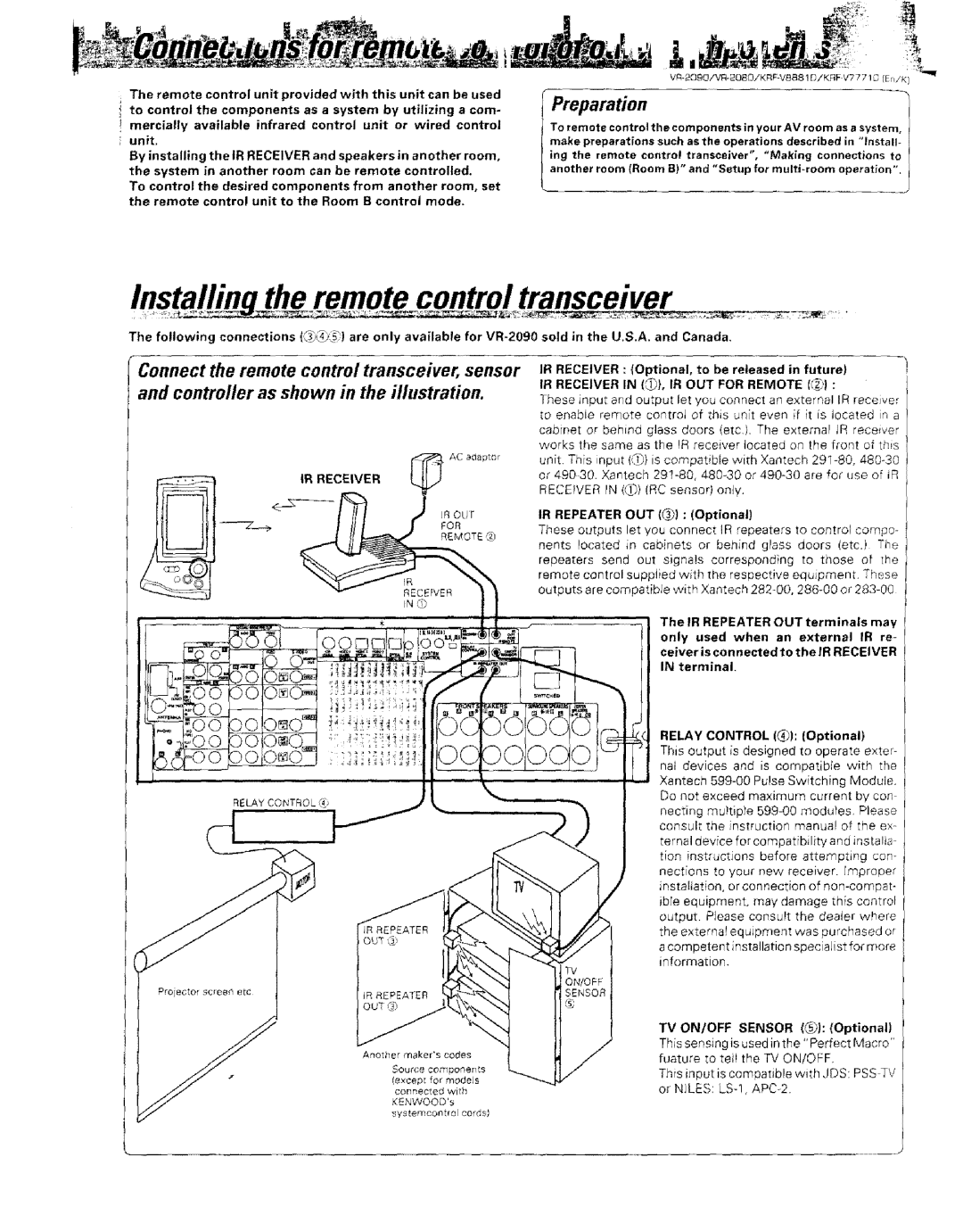 Kenwood KRF-VBB81 D, VR-2000 instruction manual Remote control transceiver, Preparation, IR Repeater OUT Optional 