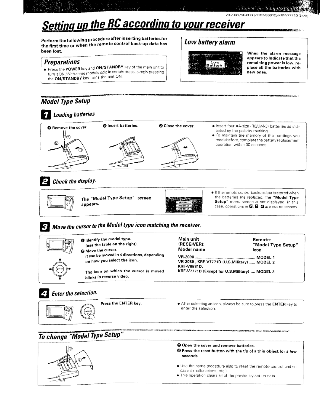 Kenwood KRF-VBB81 D, VR-2000 Settin up the RCaccordinq to yourreceiver, Preparations, Model TypeSetup, Low battery alarm 