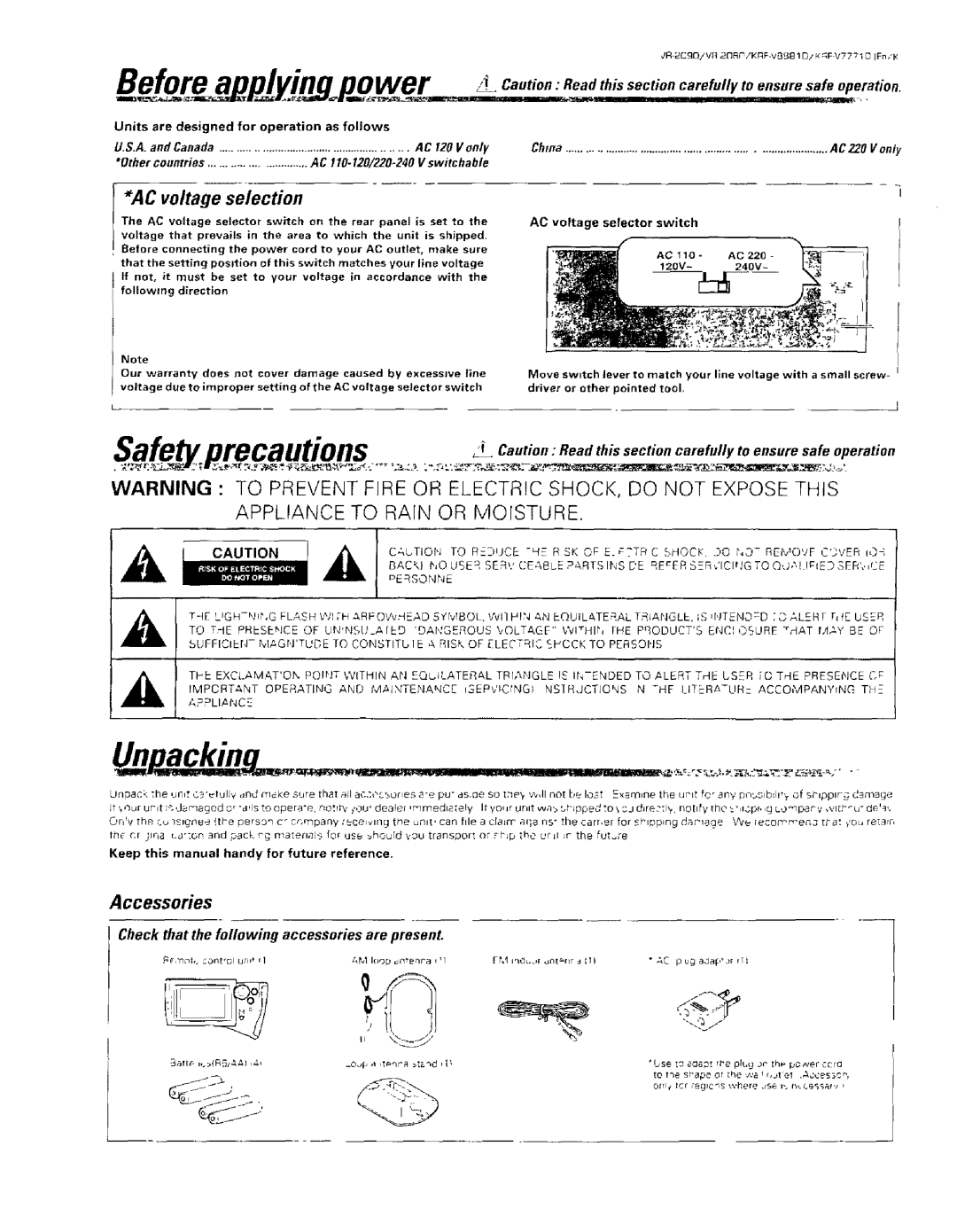 Kenwood KRF-VBB81 D, VR-2000 instruction manual Befo..r plj . .ingon.ower, AC voltage selection, Accessories 