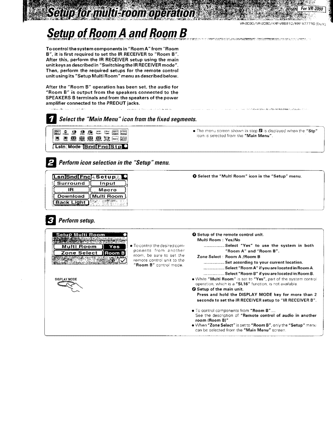 Kenwood KRF-VBB81 D, VR-2000 Se/ect the Main Menu icon from the fixed segments, Perform setup, Download Multi Room Back 