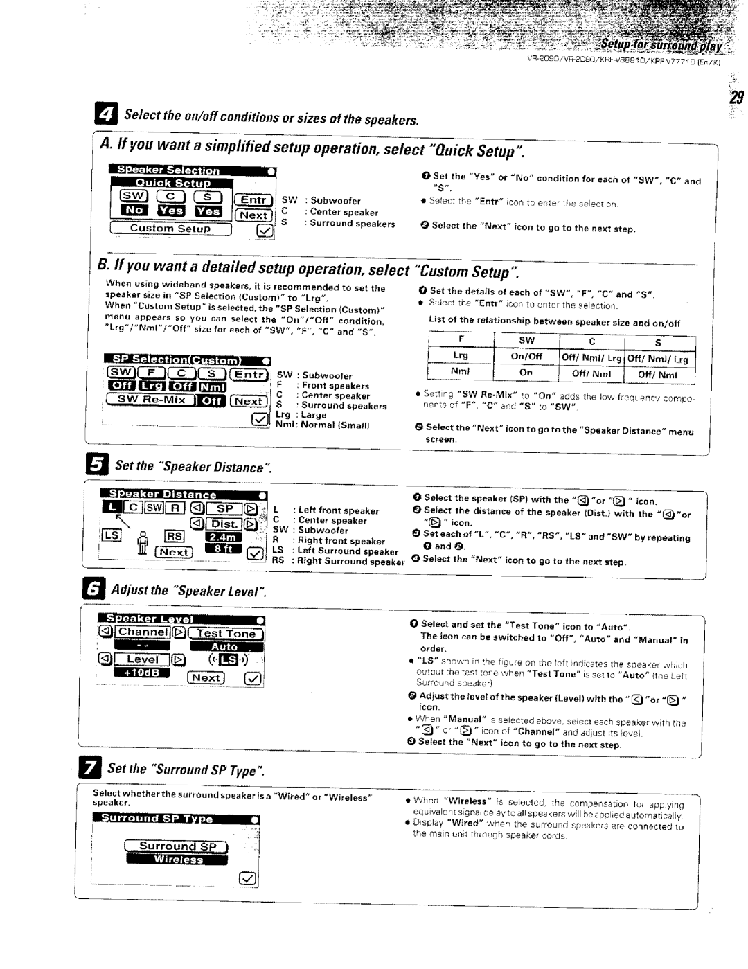 Kenwood VR-2000 If you want a detailed setup operation, select, Select the on/off conditions or sizes of the speakers 