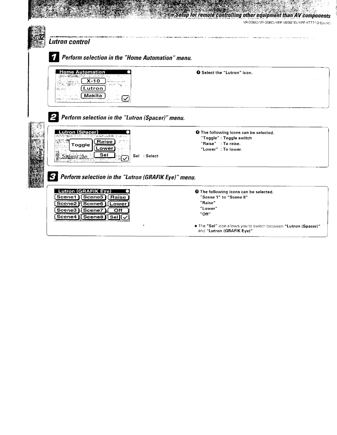 Kenwood KRF-VBB81 D, VR-2000 instruction manual Lutron control, Perform selection in the Lutron Spacer menu, Raise, Off 