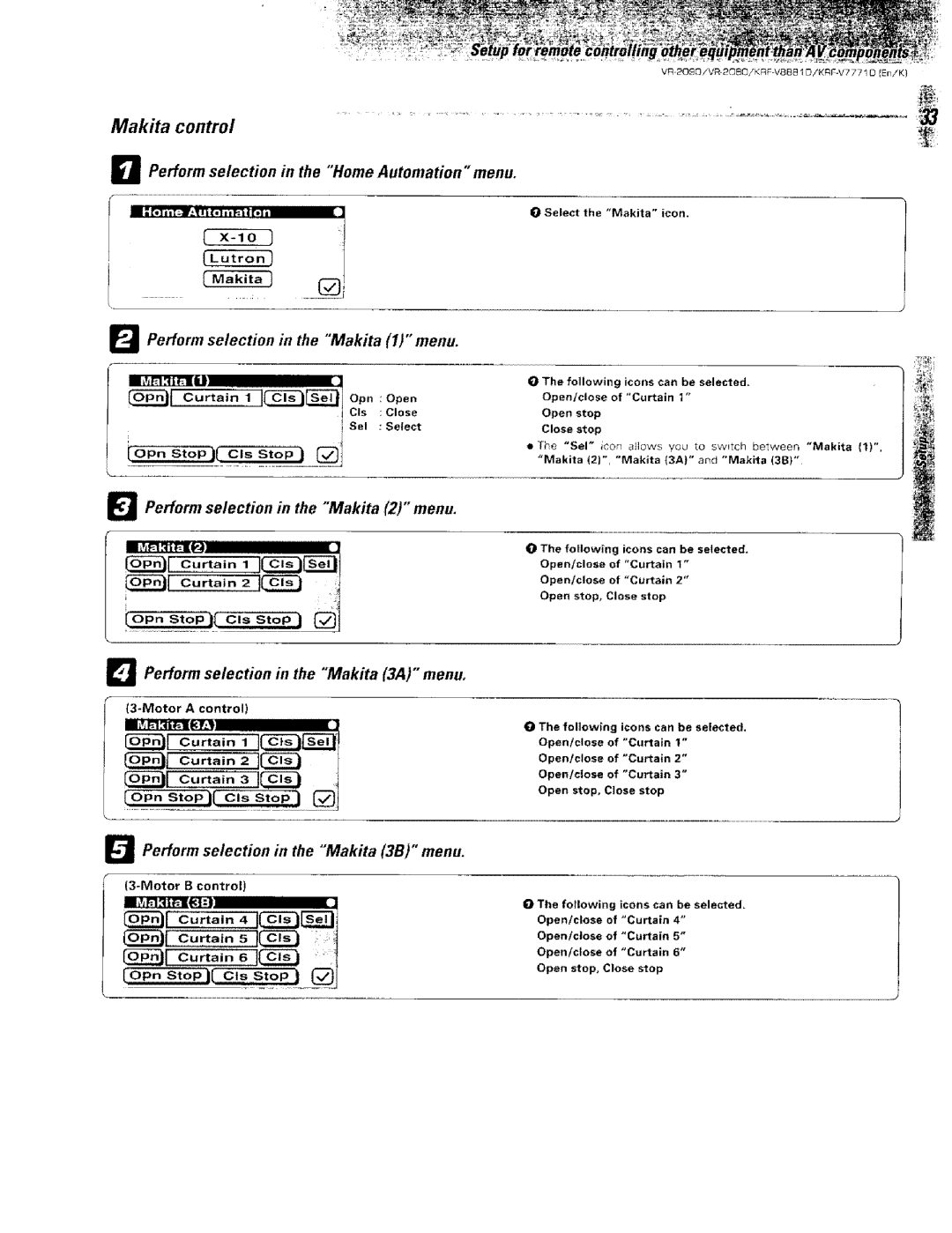 Kenwood VR-2000 Makita control, Perform selection in the Makita 1 menu, Perform selection in the Makita 2 menu 