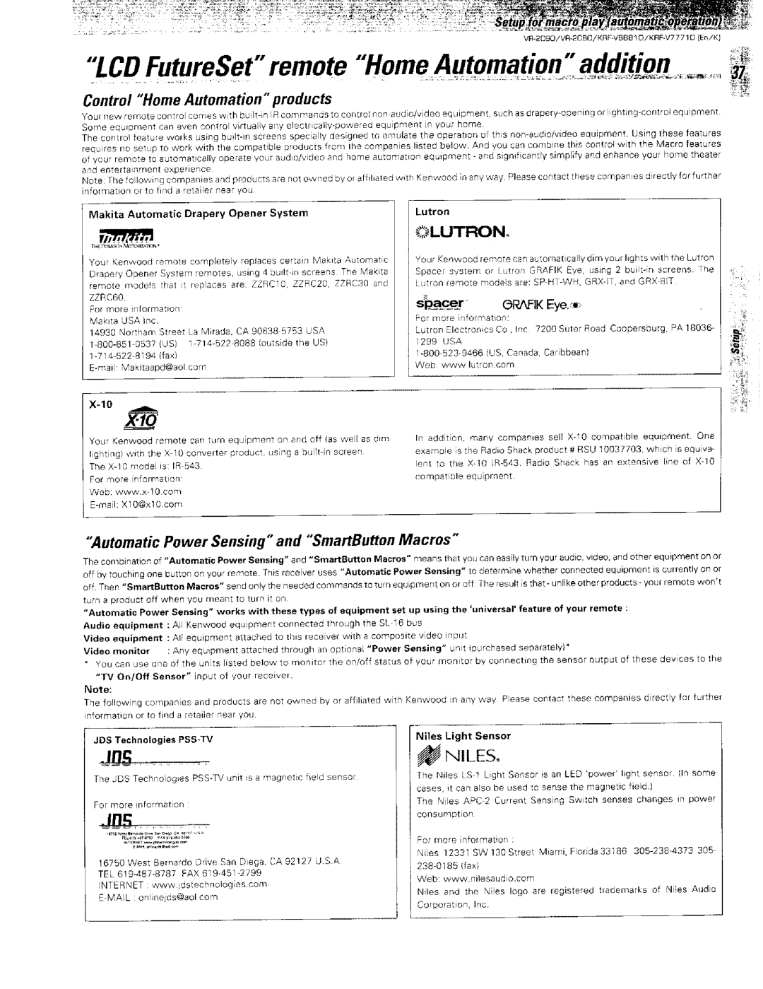 Kenwood KRF-VBB81 D LCD FutureSetremote Home Automationad ti n, Control Home Automation products, Power Sensing, Macros 