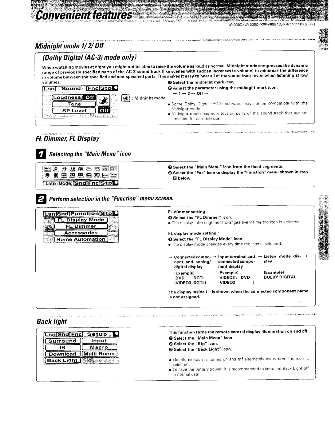 Kenwood KRF-VBB81 D, VR-2000 instruction manual Midnight mode i/2/Off Dolby Digital AC-3 mode only, FL Dimmer, FL Display 