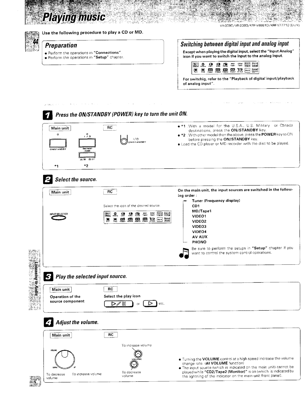 Kenwood VR-2000, KRF-VBB81 D Switchingbetweendigitalinputandanaloginput, Press the ON/STANDBYPOWER key to turn the unit on 