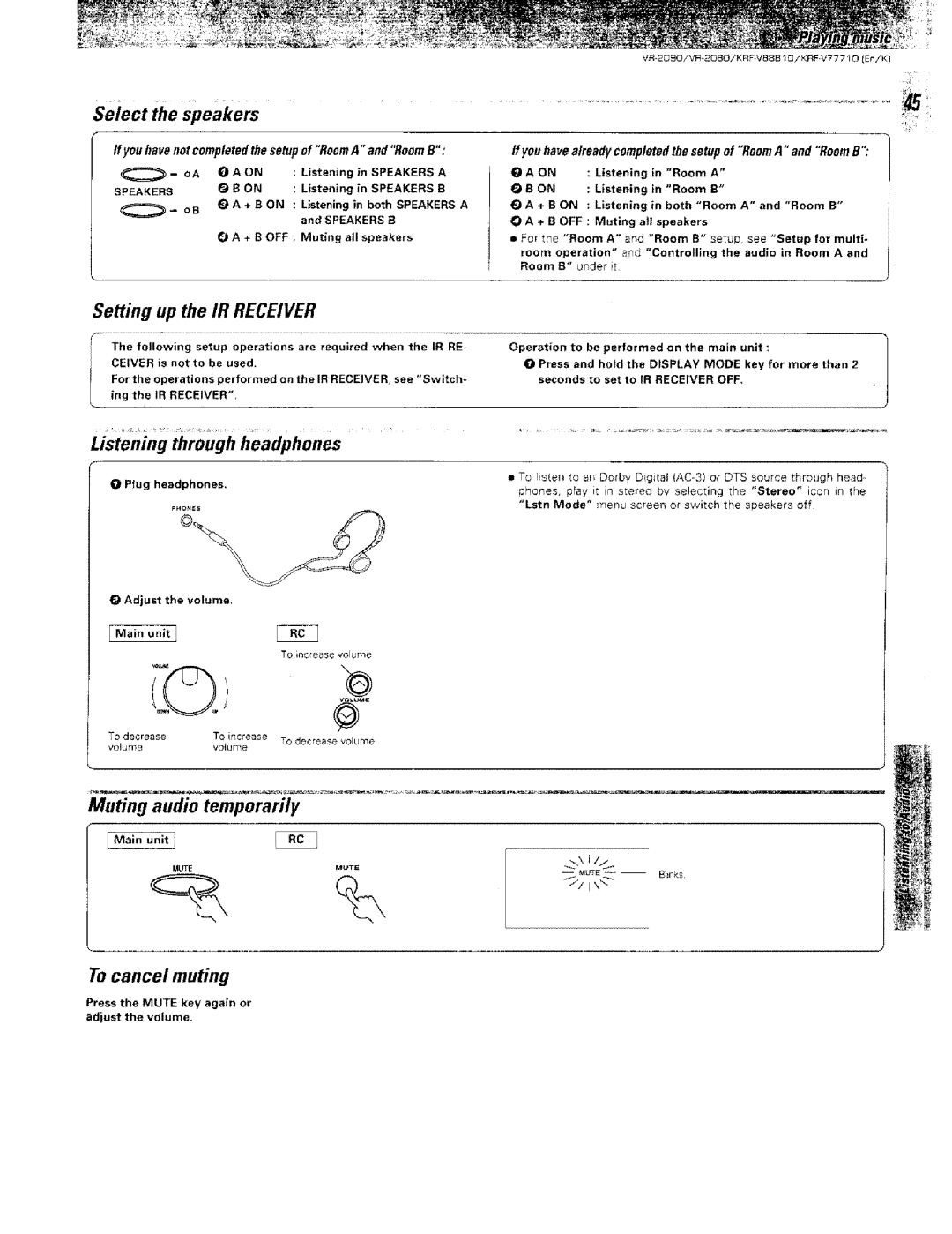 Kenwood KRF-VBB81 D, VR-2000 Select the speakers, Setting up the IR Receiver, Muting audio temporarily, To cancel muting 