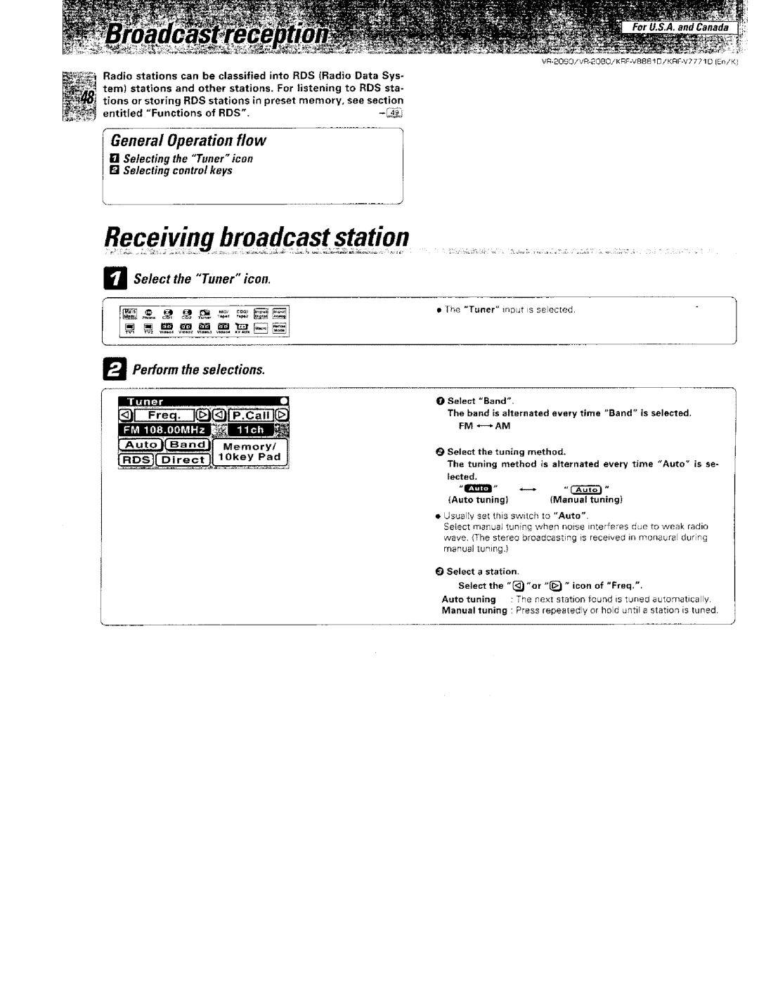 Kenwood VR-2000 Receiving broadcast station, General Operation flow, Se/ect the Tuner icon+, = Perform the selections 