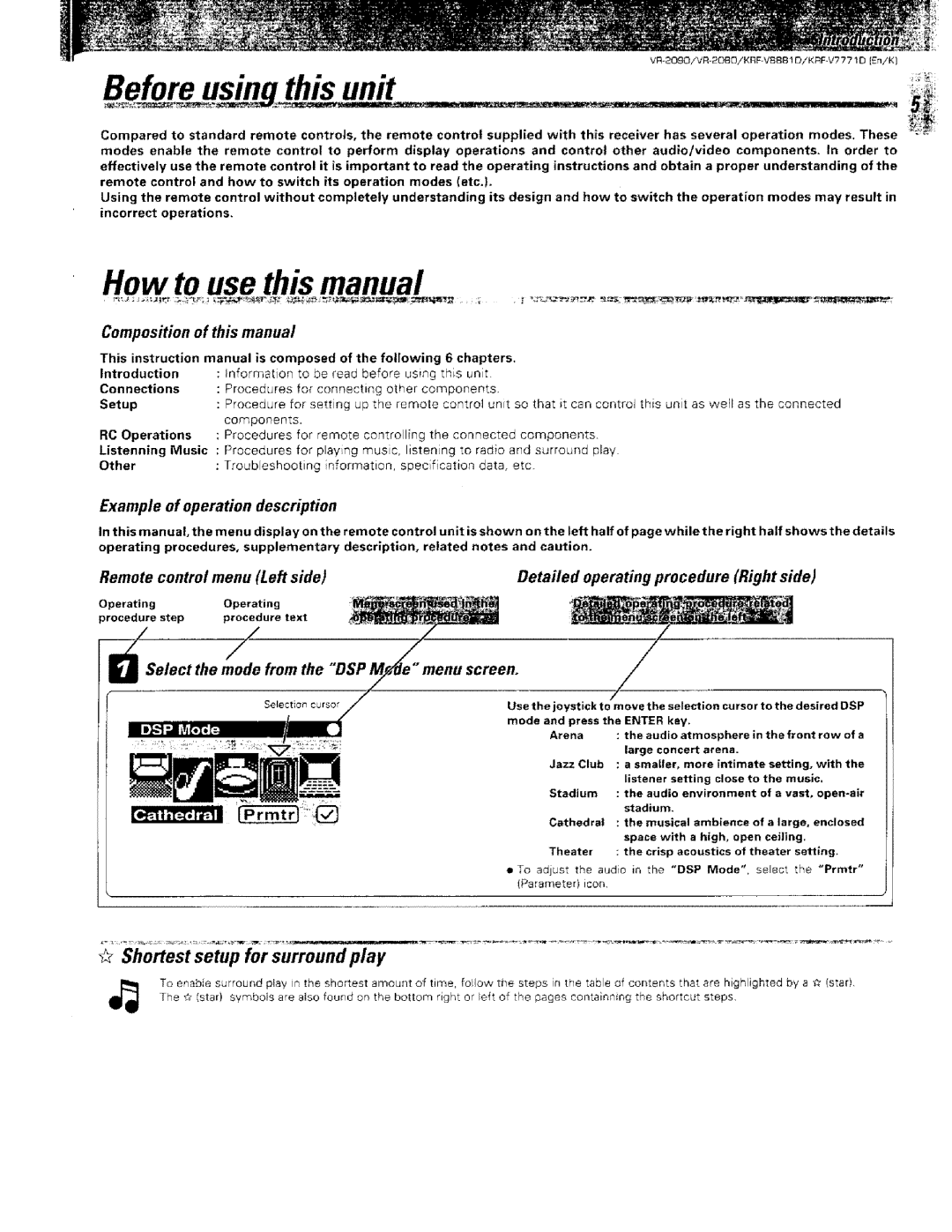 Kenwood VR-2000, KRF-VBB81 D instruction manual How to use this manual, Shortest setup for surround play 