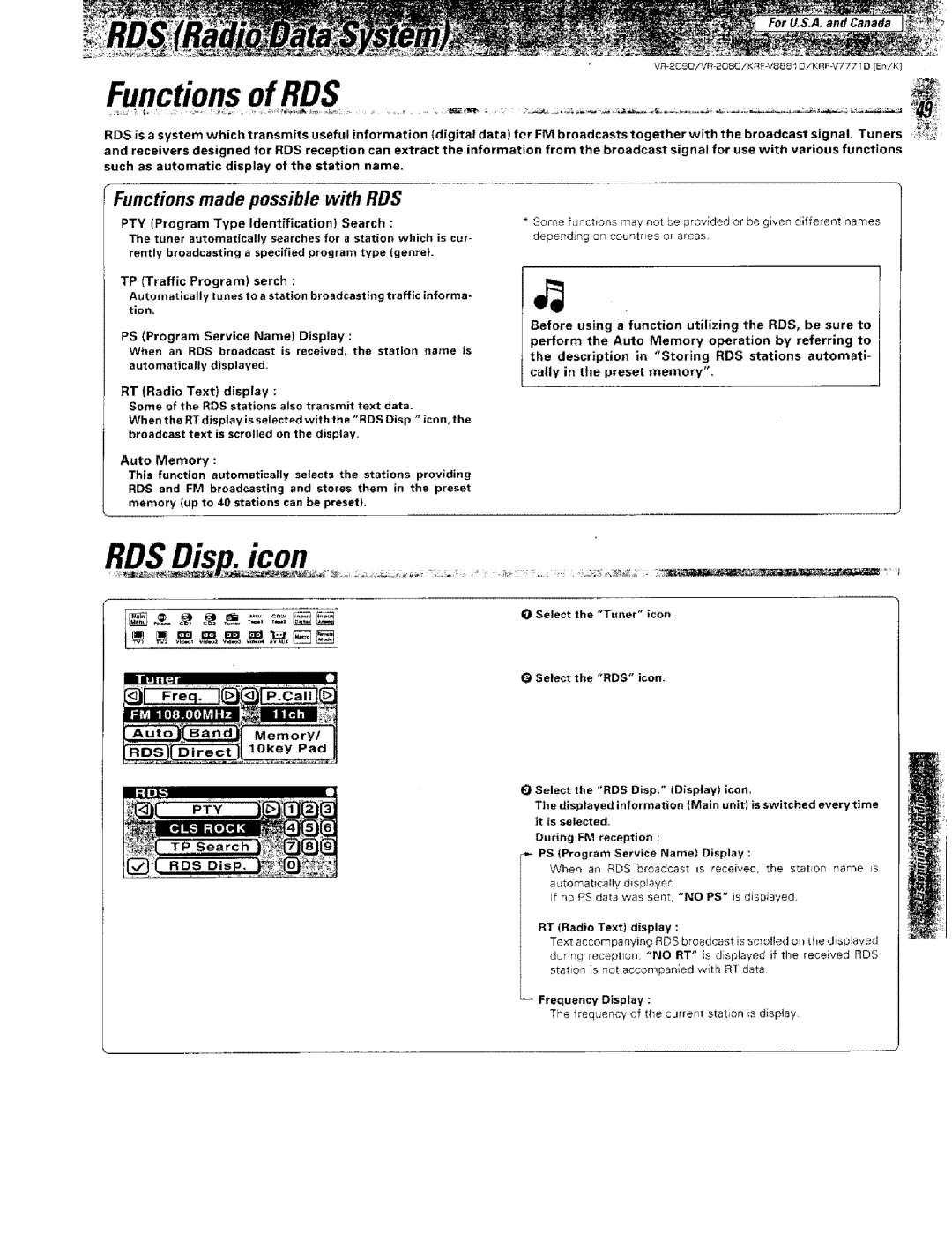 Kenwood KRF-VBB81 D, VR-2000 instruction manual RDS icon, Functions made possible with RDS, Withthe Bradcast Sin-al. T 