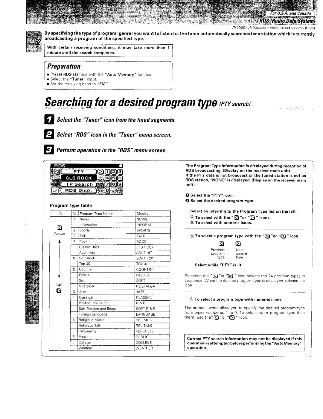 Kenwood VR-2000 Select the desired program type Program type table, To select a program type with numeric icons 