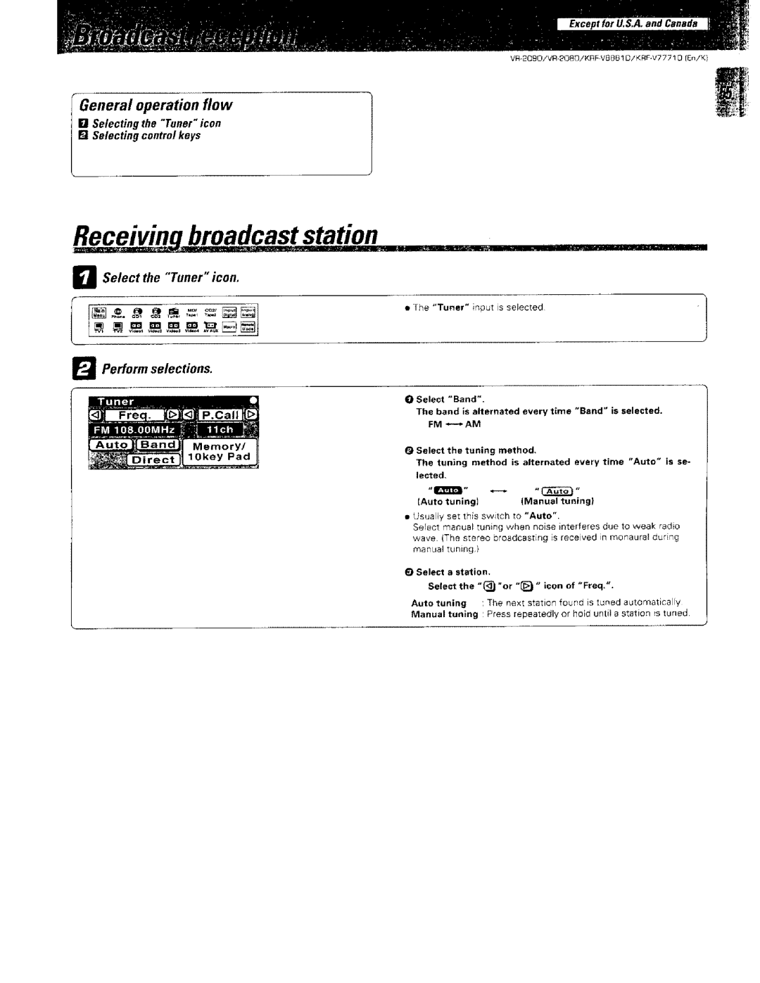 Kenwood KRF-VBB81 D Receivin broadcast station, Perform selections, Selecting the Tuner icon Selecting control keys 