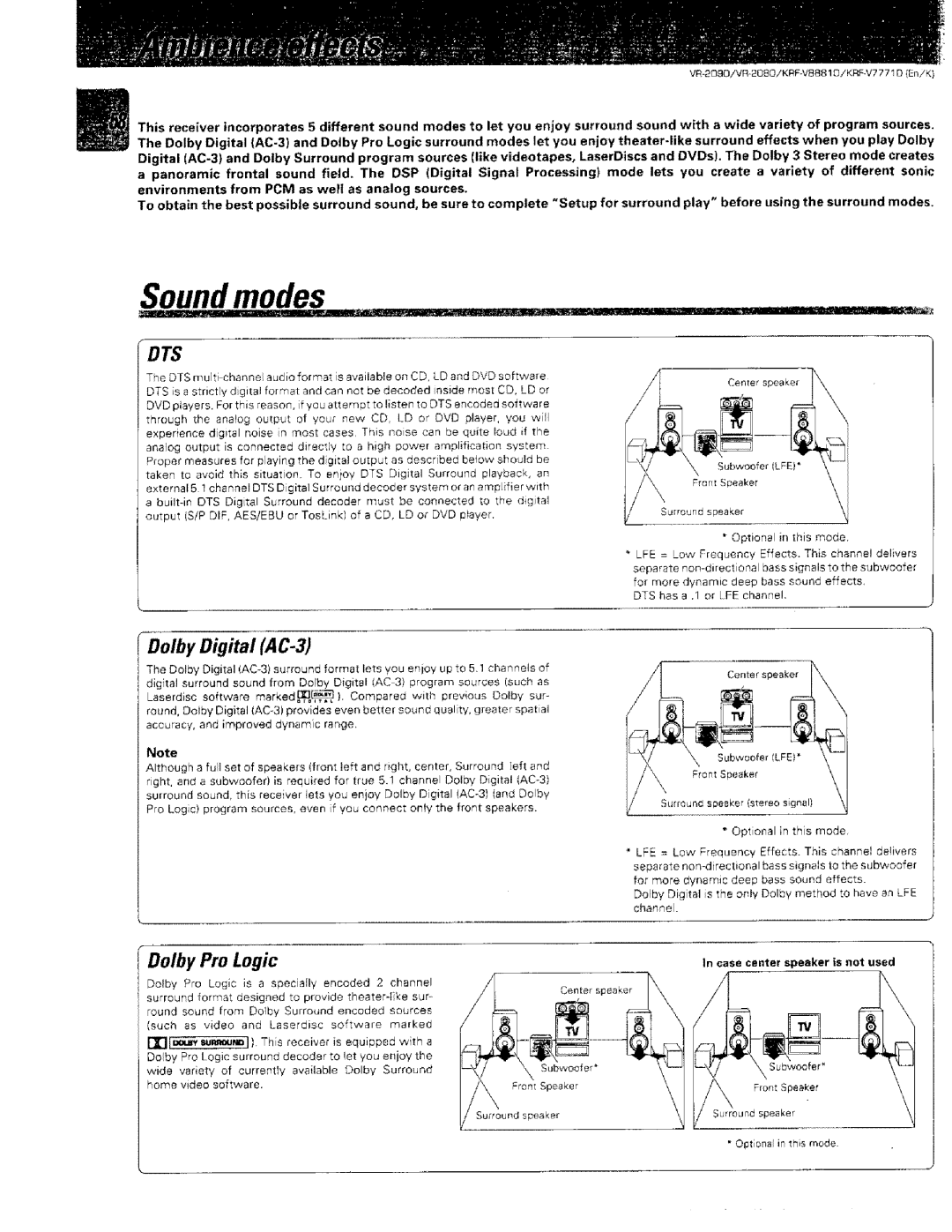 Kenwood VR-2000, KRF-VBB81 D instruction manual Dolby Pro Logic, Case center speaker is not used 