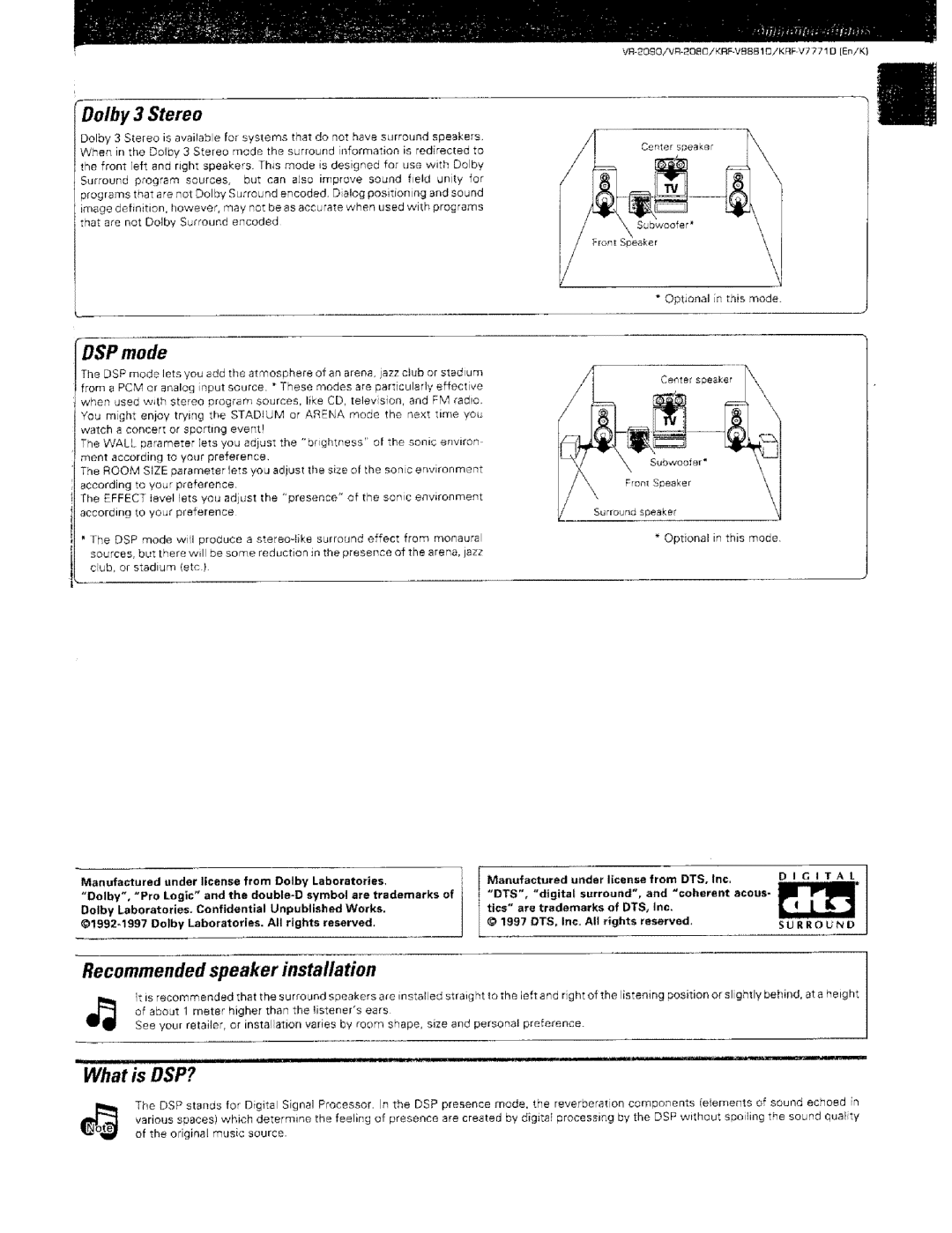 Kenwood KRF-VBB81 D, VR-2000 instruction manual Dolby 3 Stereo, Recommended speaker installation, What is DSP? 