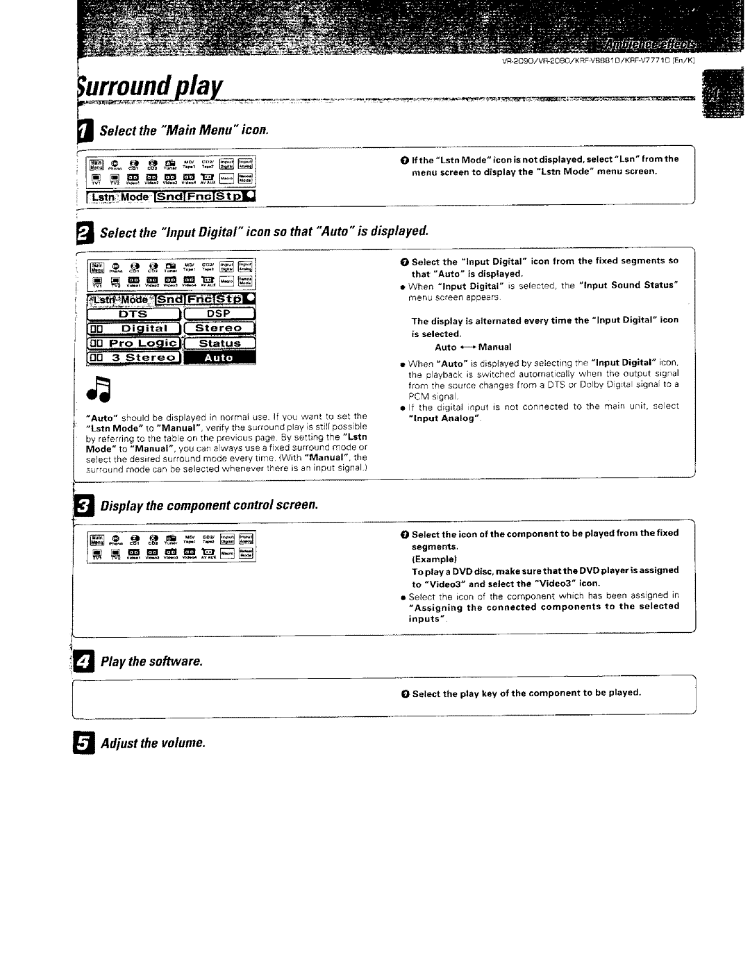 Kenwood KRF-VBB81 D, VR-2000 Select the input Digital icon so that Auto is displayed, Display the component control screen 