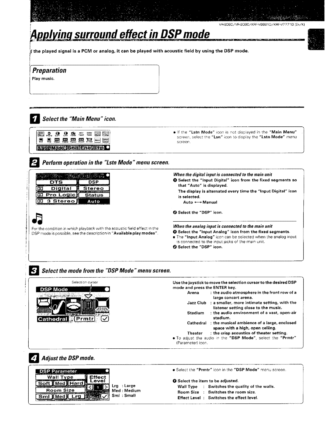 Kenwood KRF-VBB81 D DSPmode, Perform operation in the Lstn Mode menu screen, Select the mode from the DSP Mode menu screen 