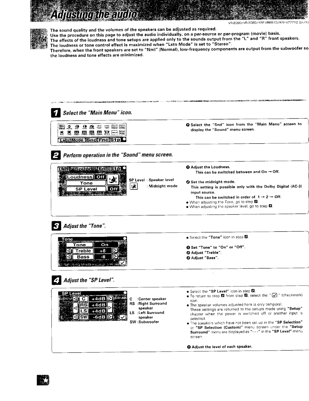 Kenwood VR-2000, KRF-VBB81 D instruction manual Adjust the Tone Adjust the SP Level, Stereo, Nml, Effects 