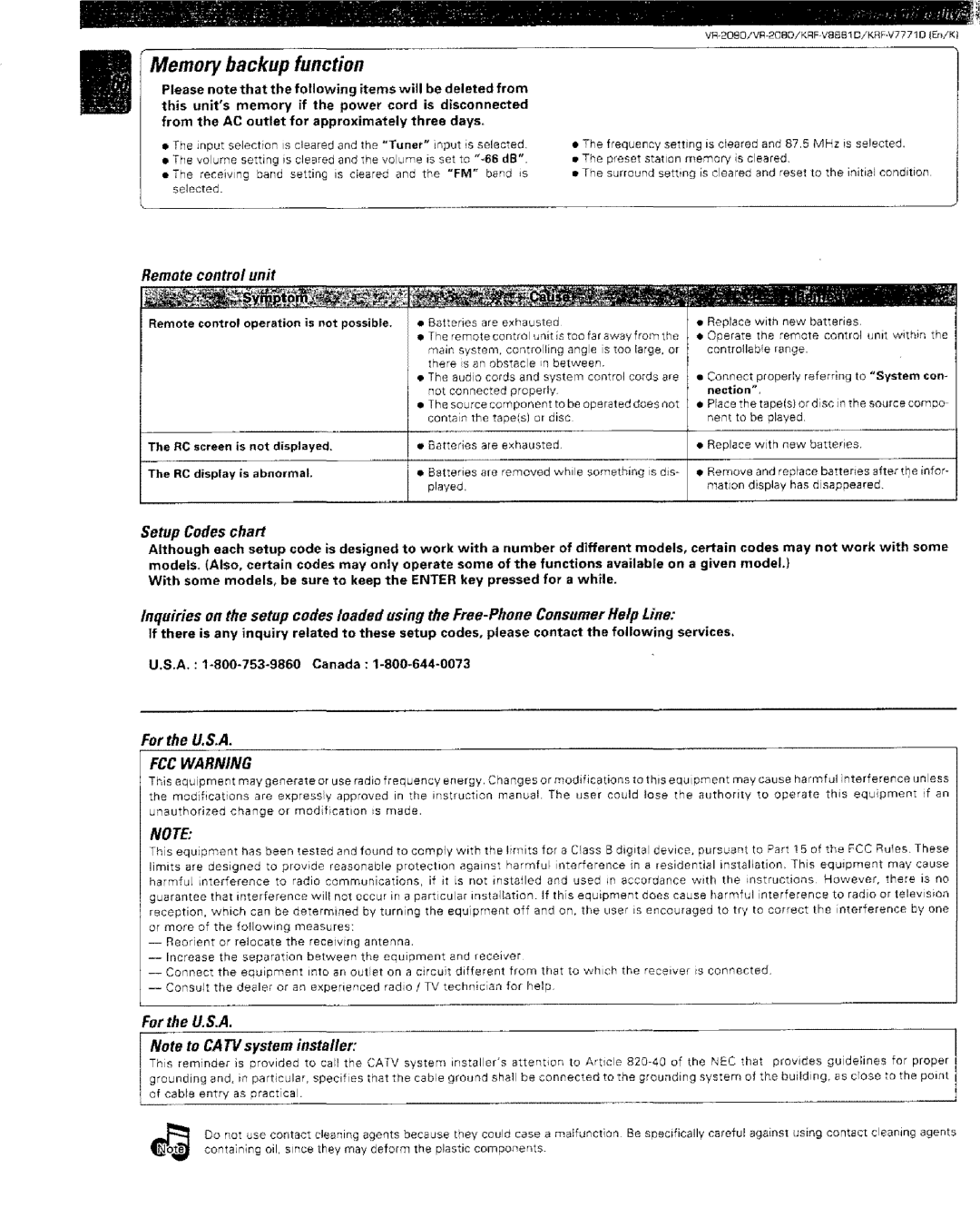 Kenwood VR-2000, KRF-VBB81 D Memory backup function, Remote control unit, For the U.S.A, Setup Codes chart, For the UoS.A 