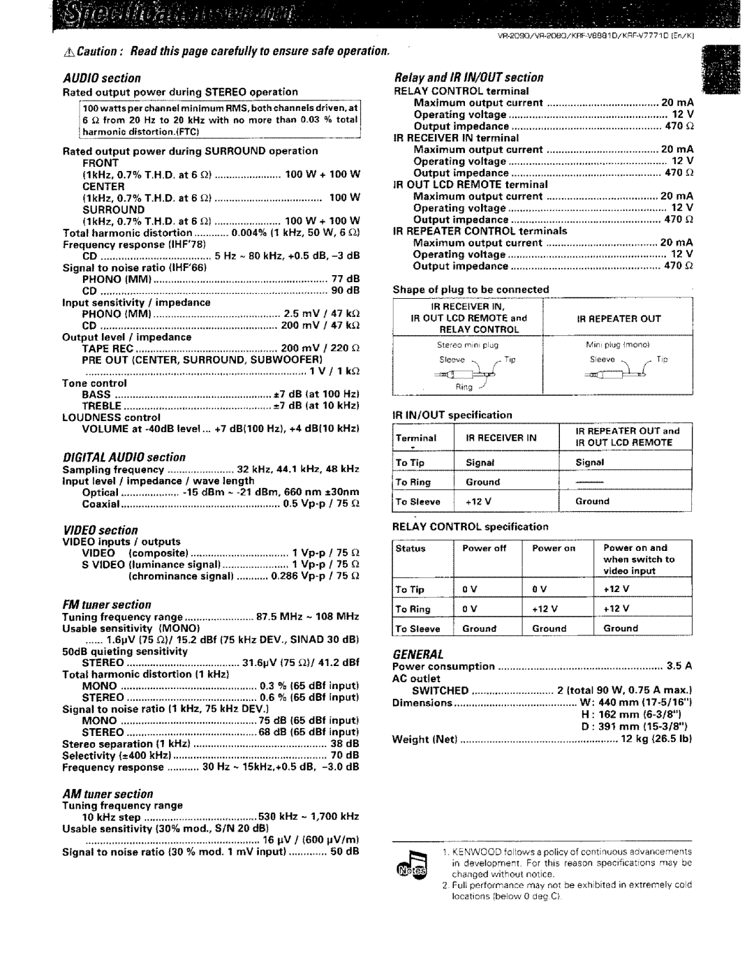 Kenwood KRF-VBB81 D, VR-2000 instruction manual Audio section, Section, Relay and IR IN/OUT section 