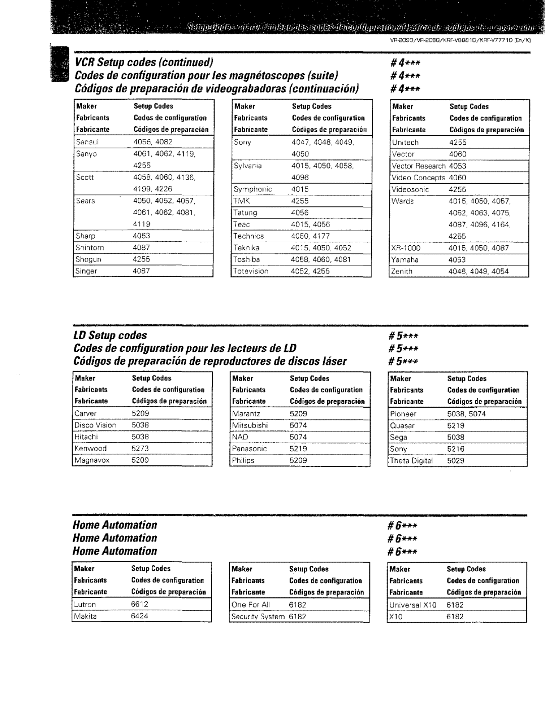 Kenwood VR-2000, KRF-VBB81 D C6digos de preparacion de videograbadoras continuaci6n, Home Automation, De discos Iser 