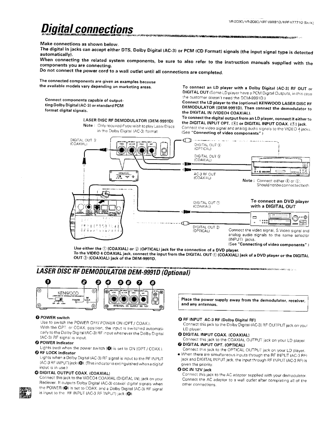 Kenwood KRF-VBB81 D, VR-2000 instruction manual Laser Disc RF Demodulator DEM-9991D Optional 