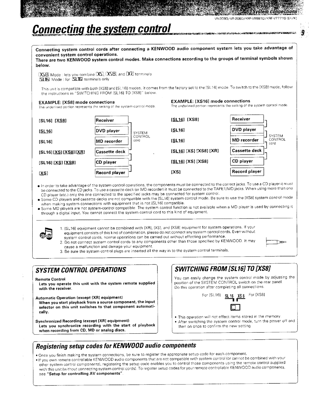 Kenwood VR-2000 Conec System control, Registering setup codes for Kenwood audio components, Xsa Mode connections 