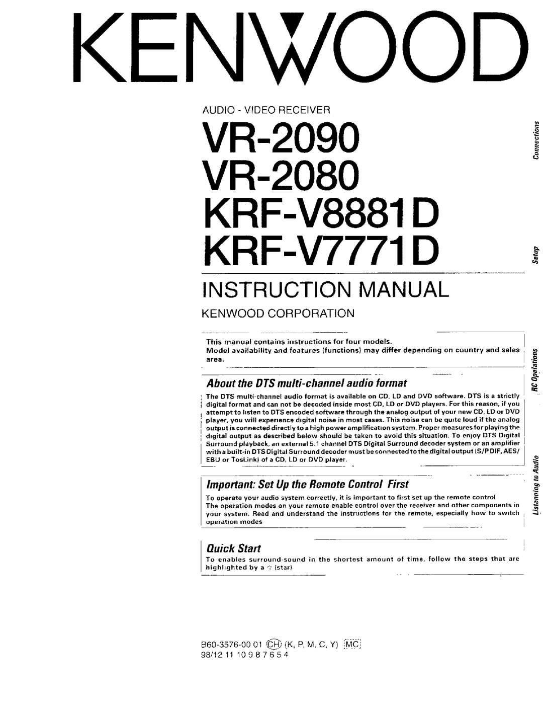 Kenwood VR-2000 instruction manual Kenwood Corporation, About the DTS multi-channelaudio format, Quick Start, KENwOOD 