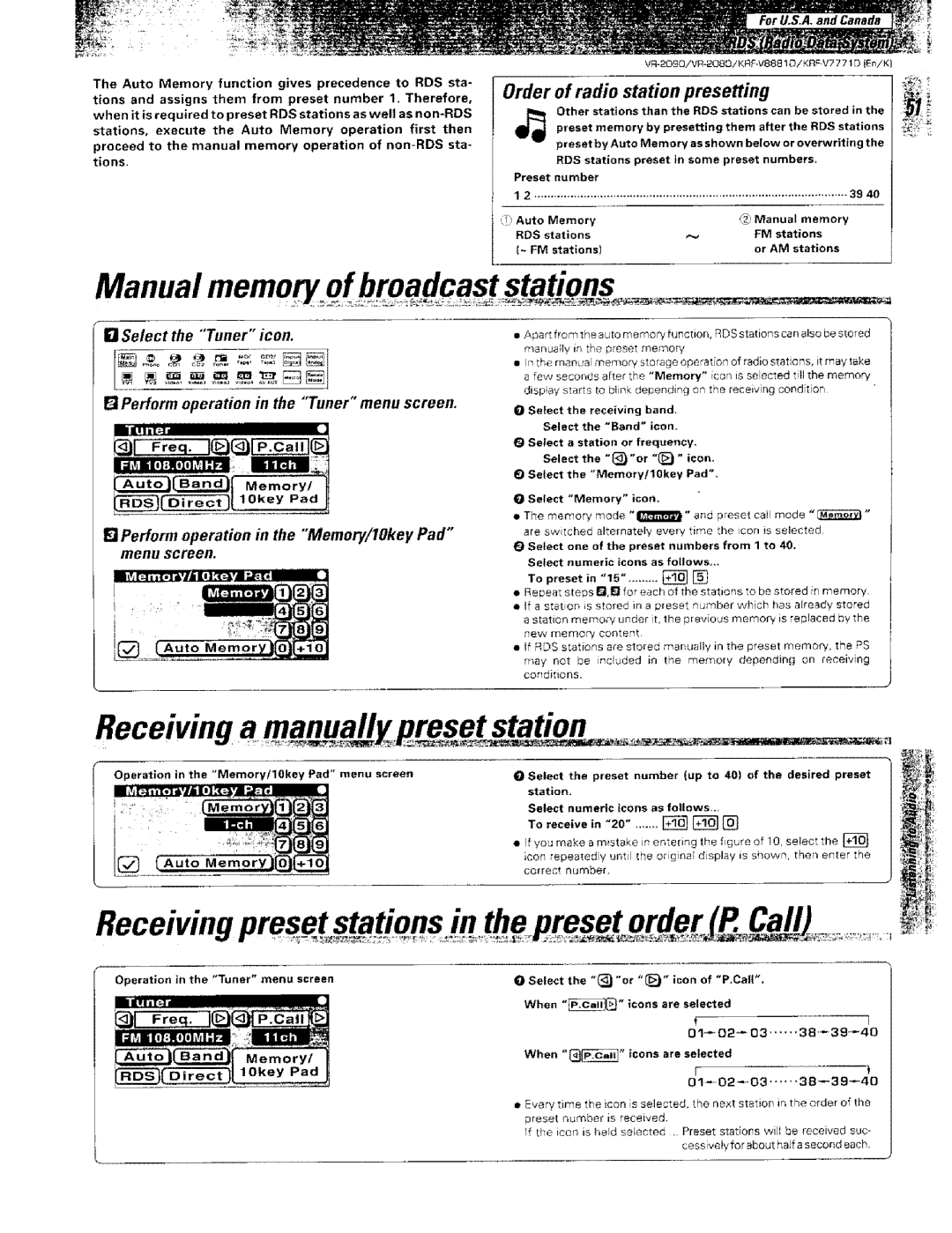 Kenwood KRF-VBB81 D, VR-2000 Manual memo pf broa caststation, Receiving a, Order of radio station presetting 