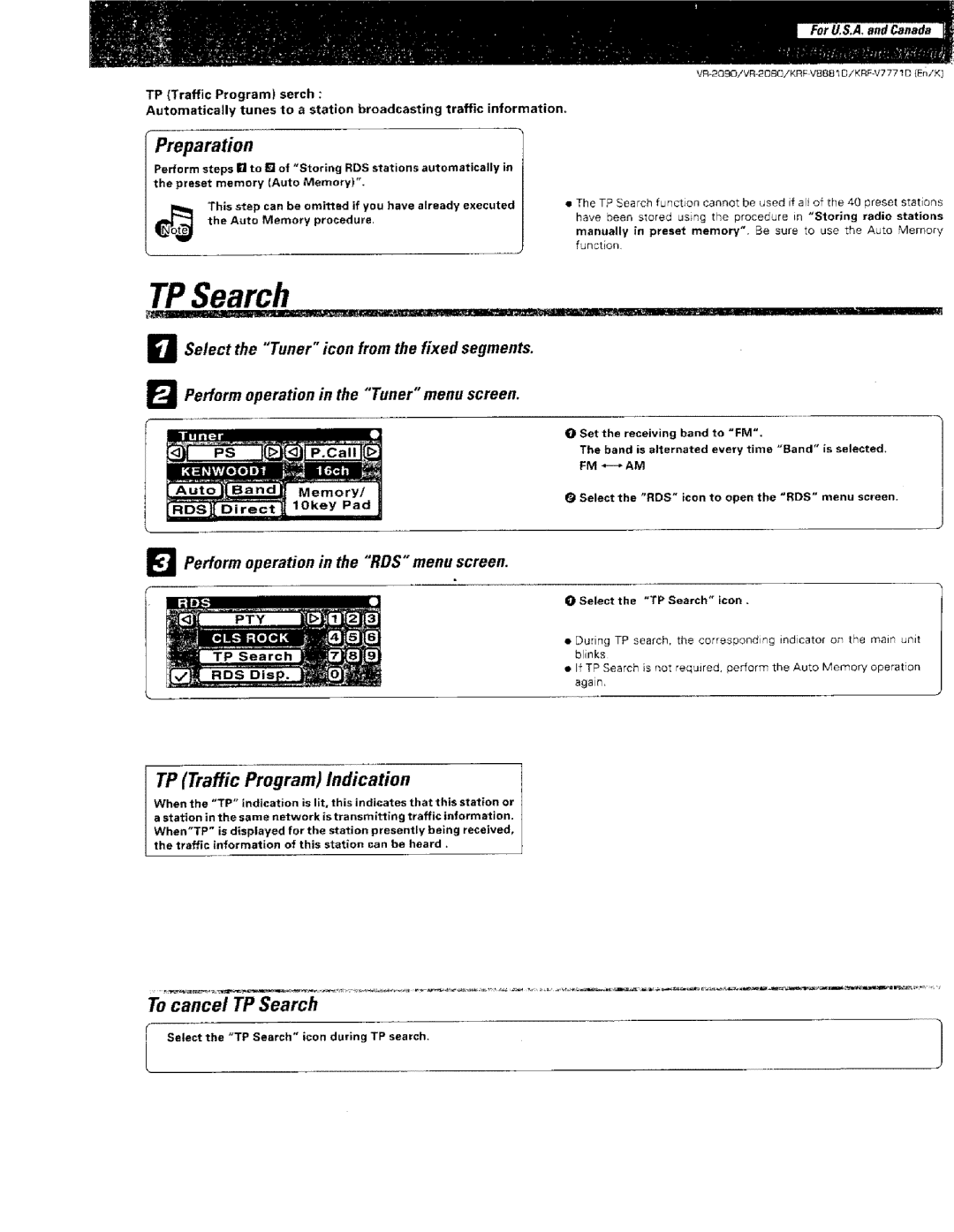 Kenwood VR-2000, KRF-VBB81 D instruction manual Pre-paration, TP Traffic Program Indication, To cancel TP Search 