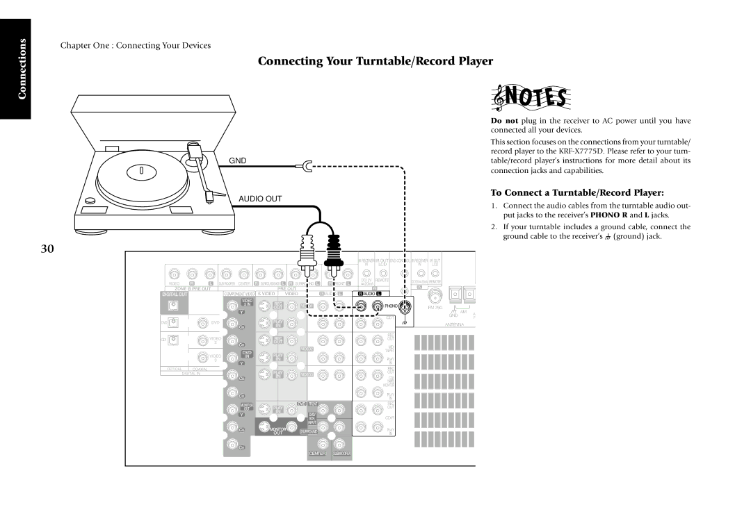 Kenwood KRF-X7775D manual Connecting Your Turntable/Record Player, To Connect a Turntable/Record Player, GND Audio OUT 