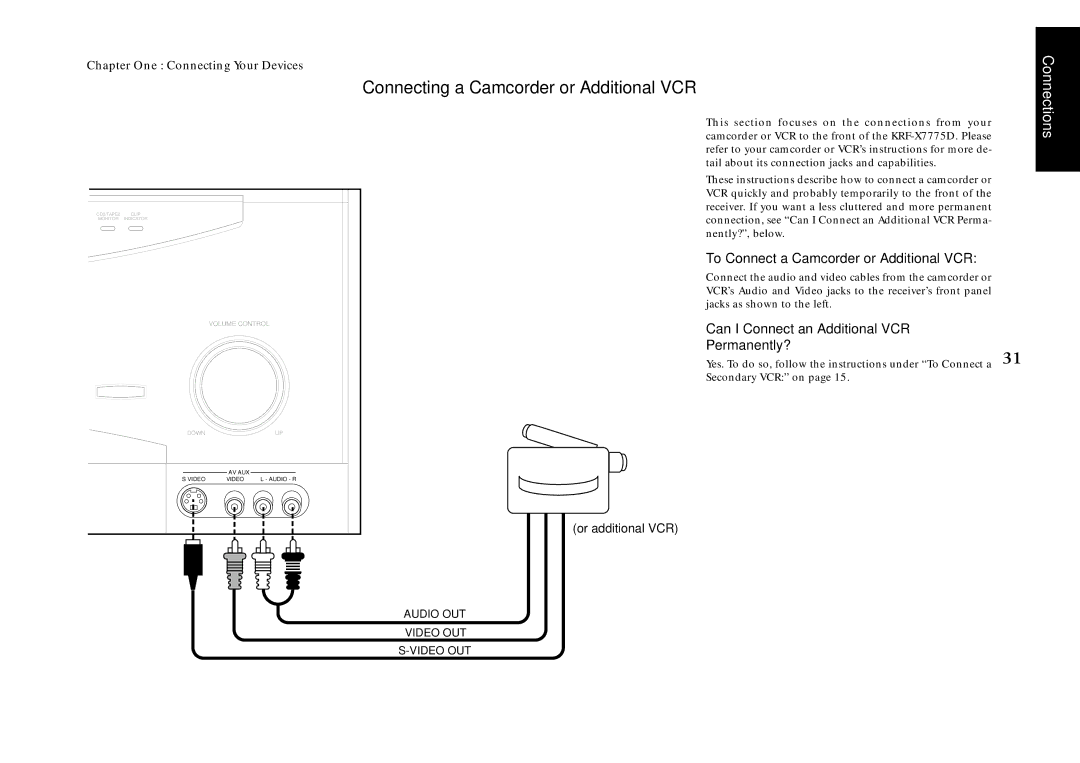 Kenwood KRF-X7775D Connecting a Camcorder or Additional VCR, To Connect a Camcorder or Additional VCR, Audio OUT Video OUT 