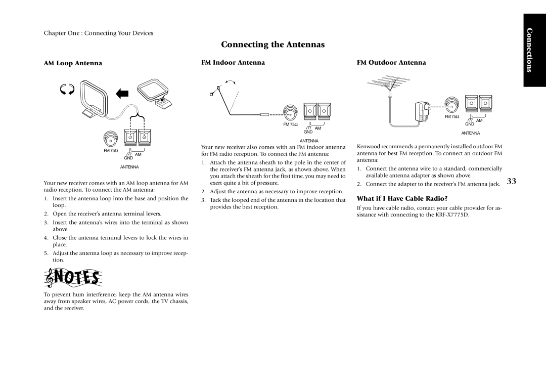 Kenwood KRF-X7775D manual Connecting the Antennas, AM Loop Antenna FM Indoor Antenna FM Outdoor Antenna 