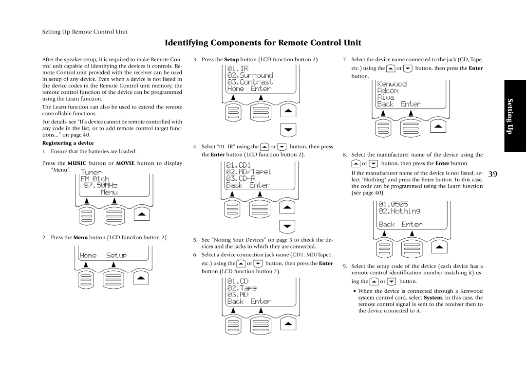 Kenwood KRF-X7775D manual Identifying Components for Remote Control Unit, Registering a device 